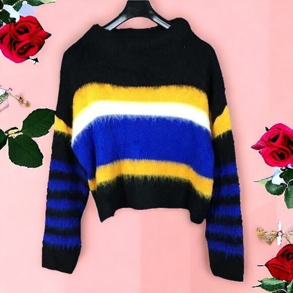 Abound Womens Large Black Sweater Crop Pullover Fuzzy Black Yellow Stripe NWT - Picture 1 of 16